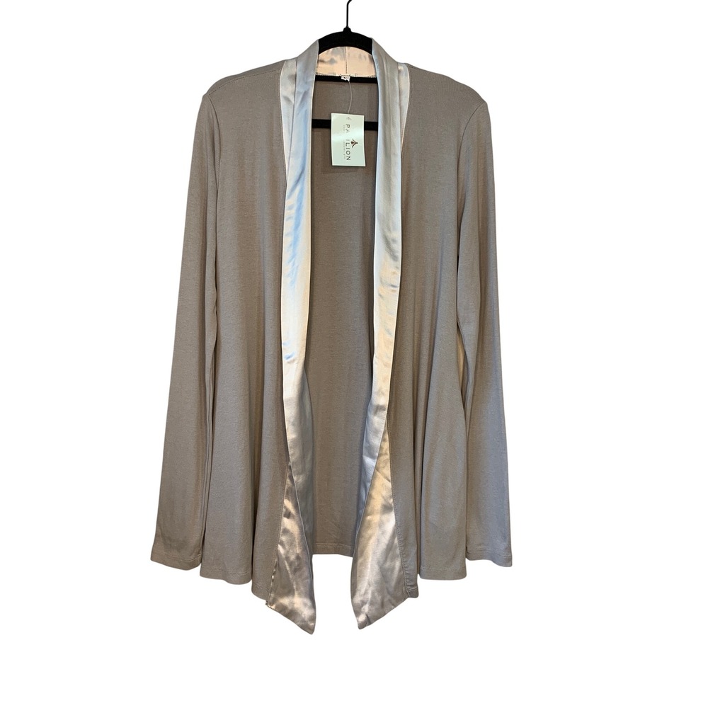 PJ Harlow Women Shelby Gray Ribbed Silver‎ Satin Trim Cardigan Sweater Pockets M